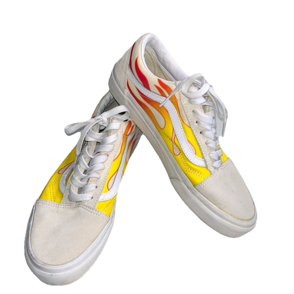 VANS Men 9 Old Skool Hoy Rod Flames White Canvas & Leather Skateboarding Shoes